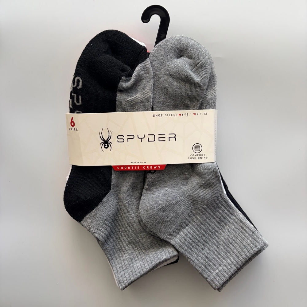 Spyder men’s shortie crew socks 6 pack size 6-12 black gray white red
